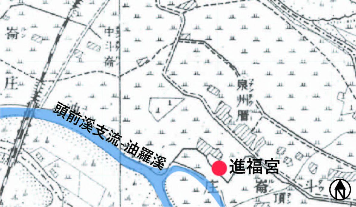 對照〈日治二萬分之一台灣堡圖（明治版）〉與進福宮位置（林美辰繪，2022）