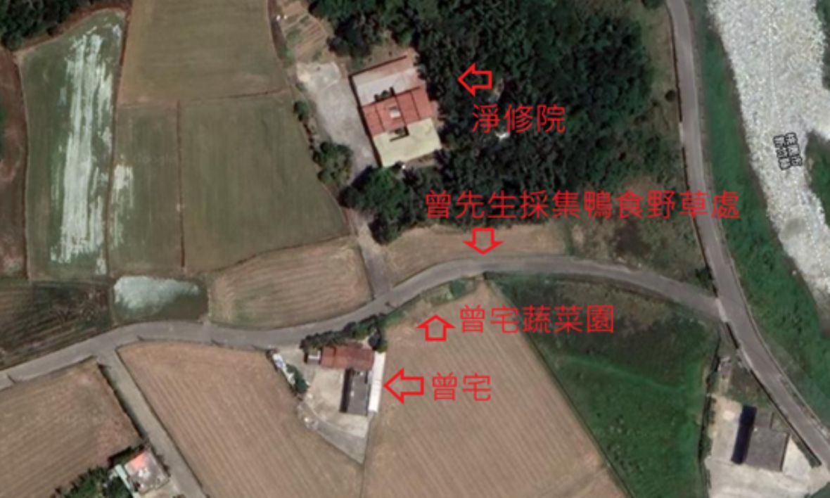 淨修院與曾家宅院區位關係與宅院四週鴨食採集區（底圖為中央研究院《臺灣百年歷史地圖》）。