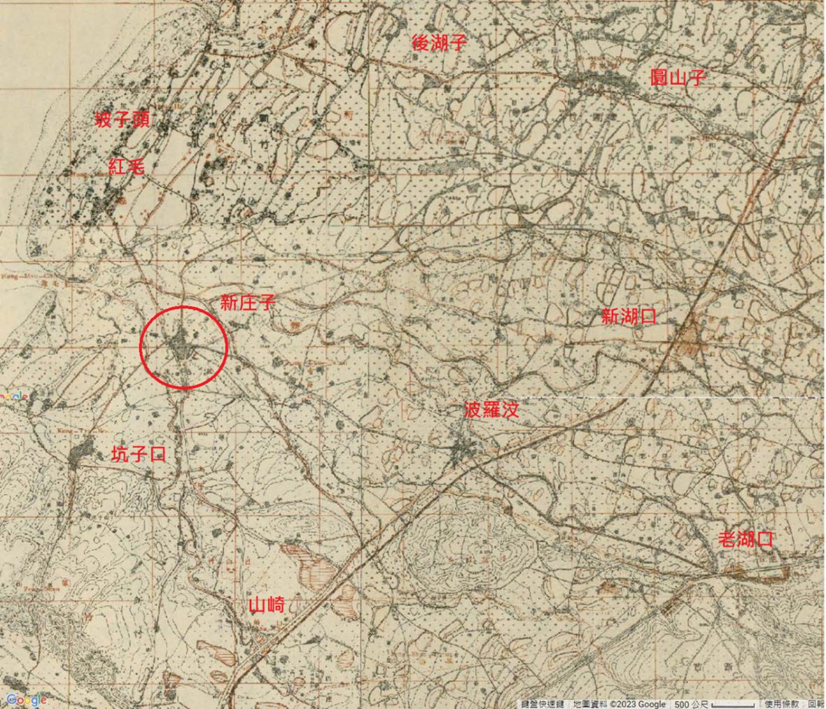 日治時期新庄子位於新竹廳與桃園仔廳沿海南北、東西交通節點位置 （底圖：「中央研究院臺灣百年歷史地圖」，「1950臺灣二萬五千分一地形圖」）