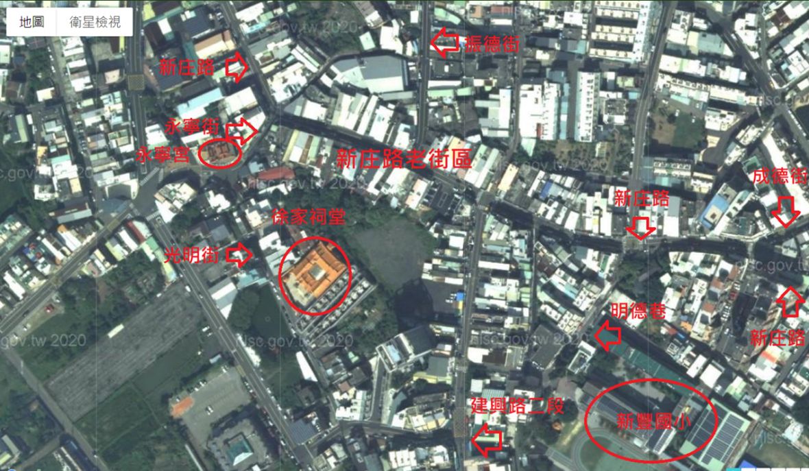 新庄路老街區位置範圍示意圖 （底圖：中央研究院臺灣百年歷史地圖：臺灣通用正射影像【NLSC】）