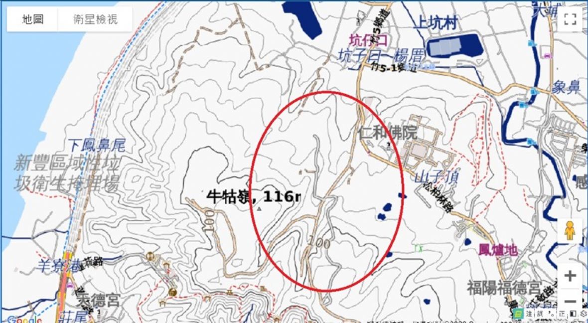 新豐坑子口靶場戰車道位置示意圖 底圖：「中央研究院地理資訊科學研究專題中心」的「魯地圖 Taiwan TOPO」