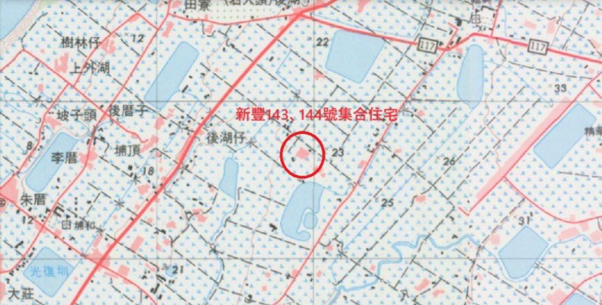 1985年「143-144新社區」位置示意圖（「二萬五千分之一經建版地形圖」部份） （中央研究院地理資訊科學研究專題中心）