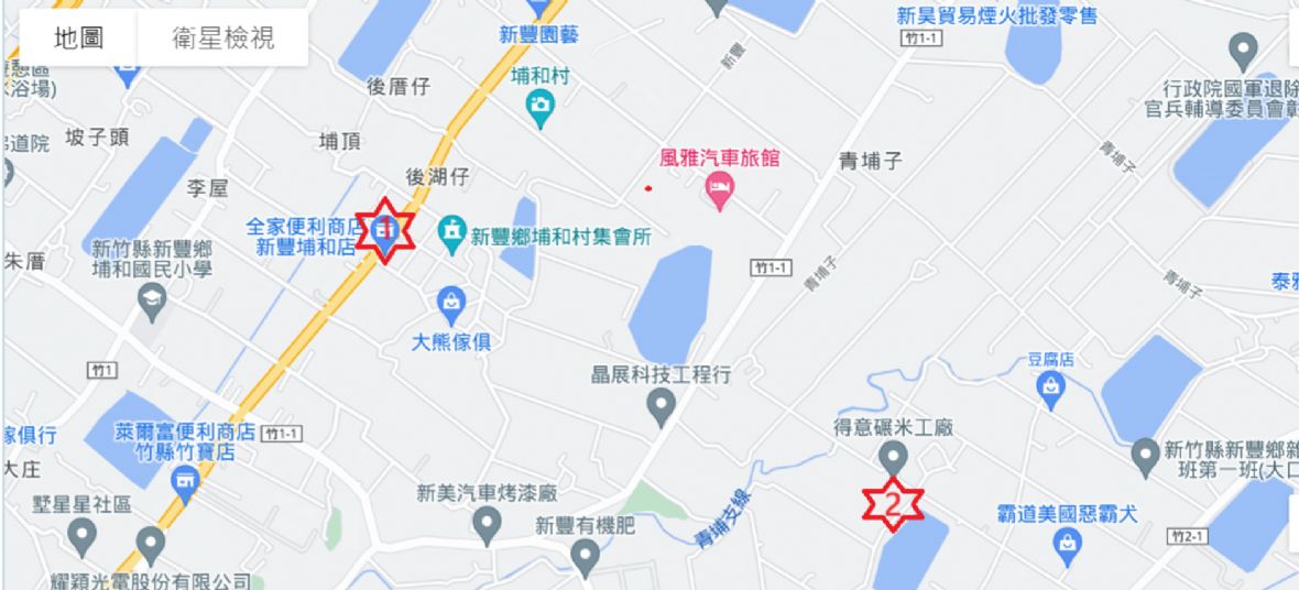 頂興碾米工廠（1）與得意碾米廠（2）位置示意圖。（底圖為Google 地圖）