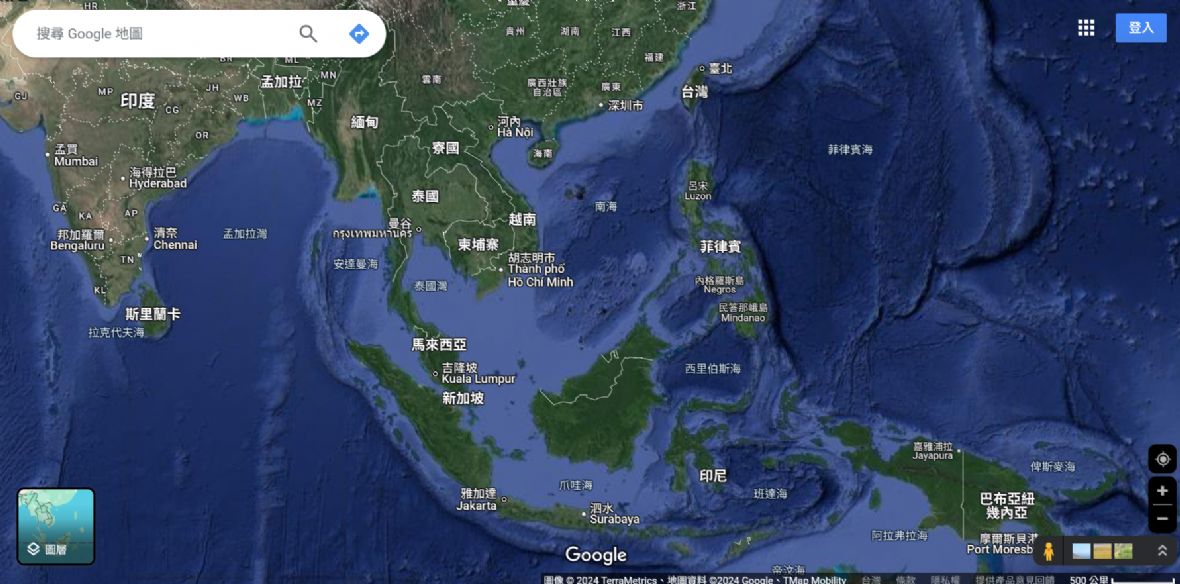 2024年擷取google東南亞衛星地圖作參考，紅色記號分別為廣東與蘇拉威西島