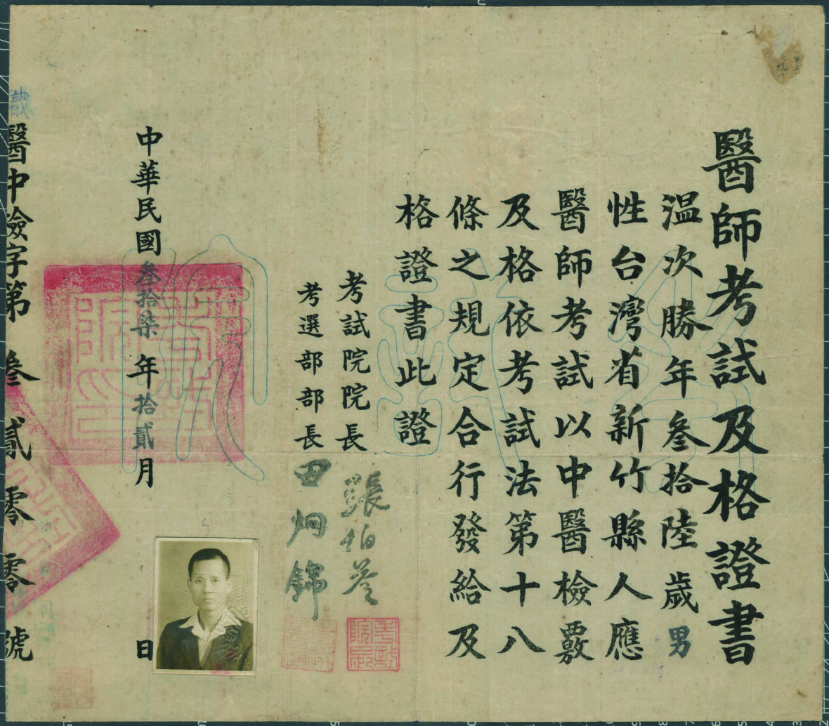 2.温成達，保存民國 38年 父親醫 師考試及格證。