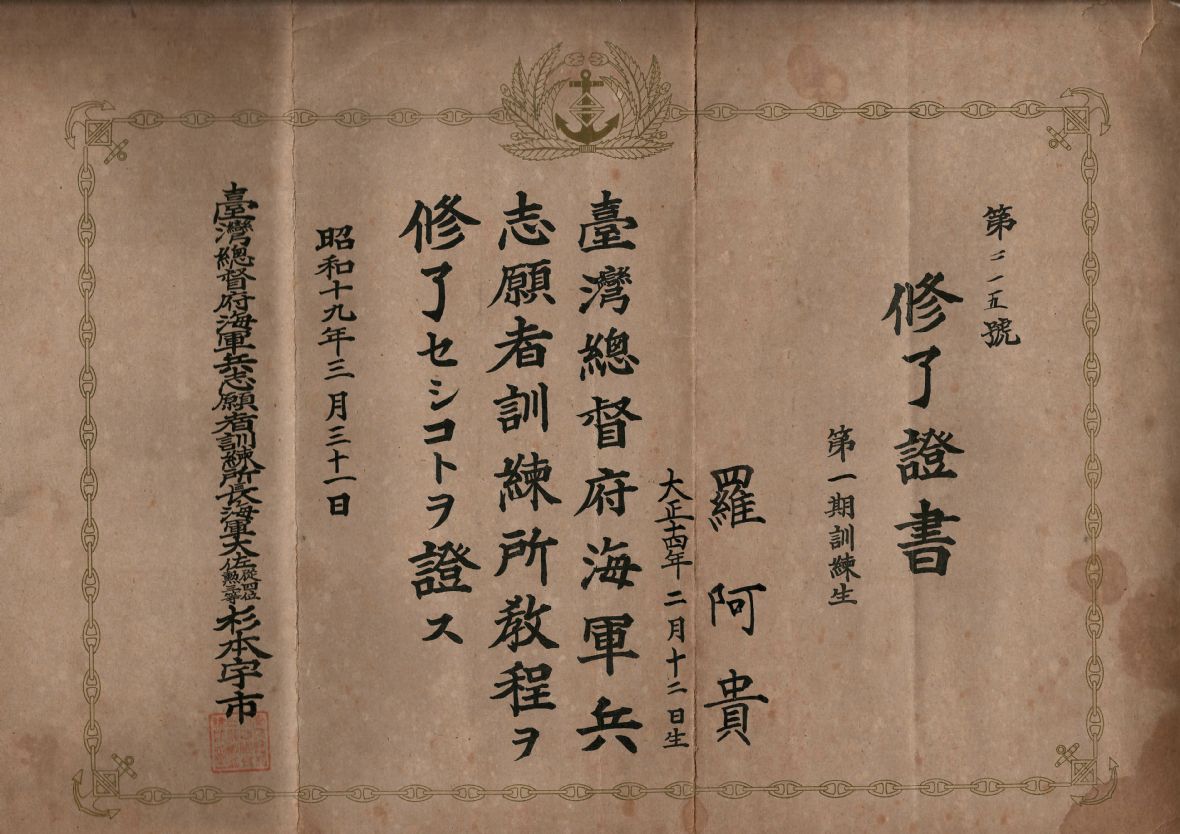 圖2日昭和19年羅阿貴海軍兵志願者訓練教程修了證書。（林錫霞攝，2023）