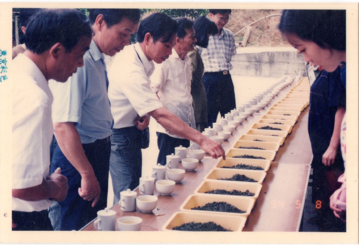 民國80年間茶業農改場於盧朝烘製茶廠舉辦製茶比賽（盧朝烘提供）