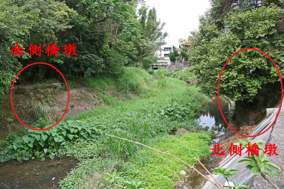 紅色圓形記號處為羊喜窩口火車路老橋墩殘跡處