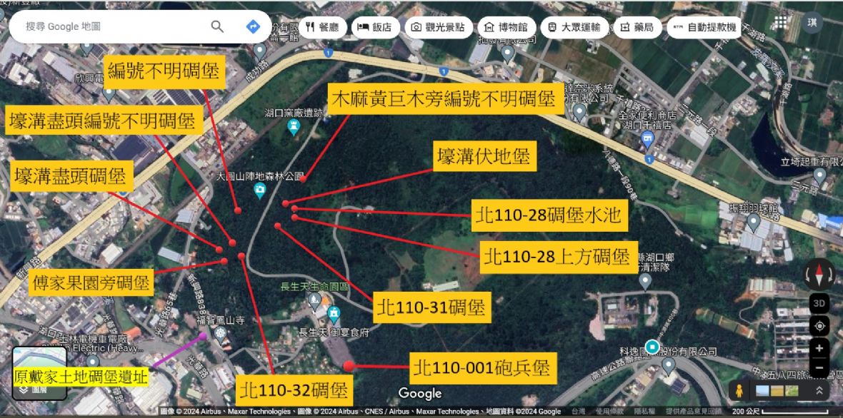 波羅汶圓山碉堡分布圖（截圖自google map）