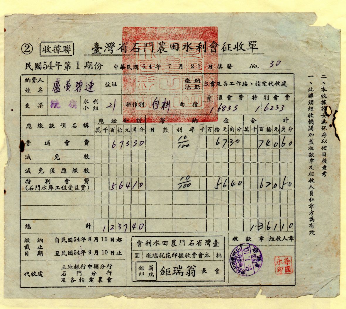 石門大圳灌溉區自民國54年開始徵收工程受益費（盧朝烘提供）