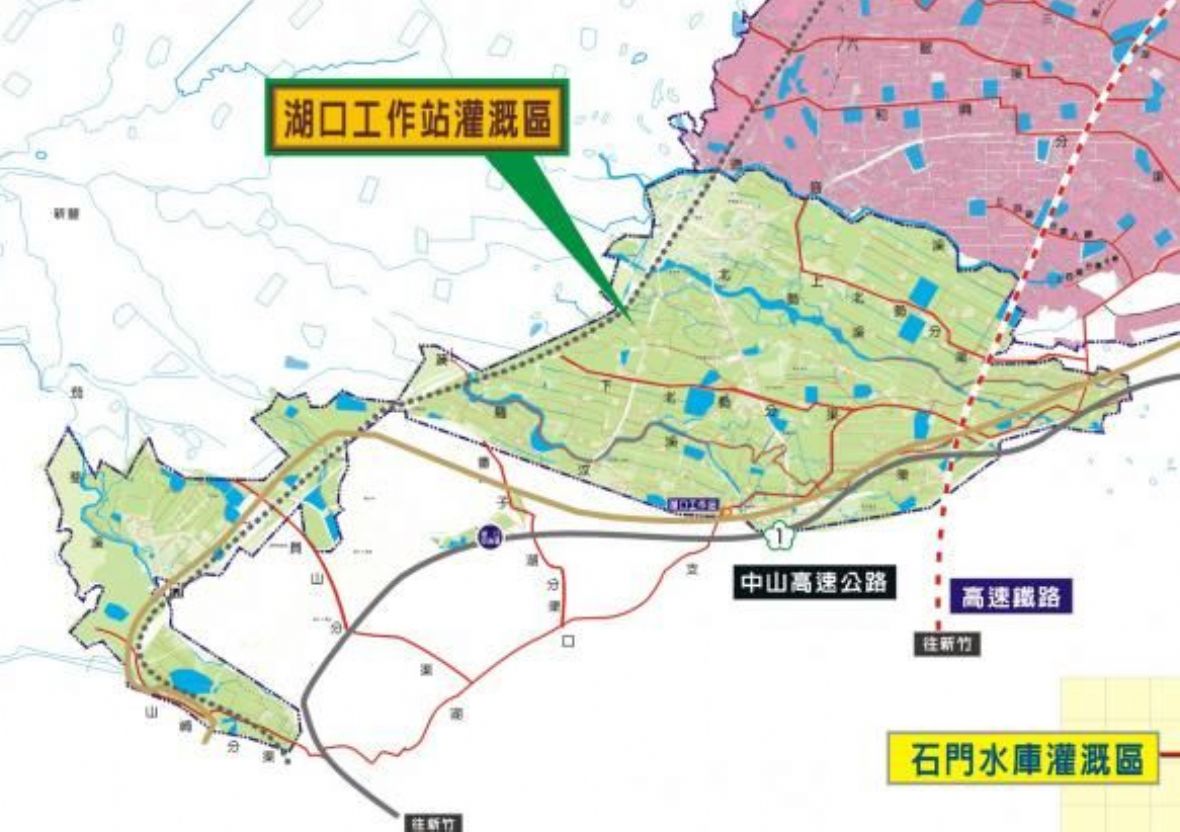 湖口工作站灌溉區，末端白色區塊為新竹工業區已無灌溉需求（摘錄自石門農田水利會網站）